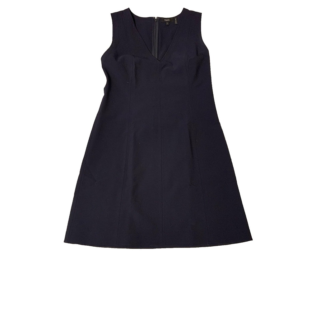 Theory Easy V Shift Dress Perform Tech Navy Blue V-Neck Sleeveless Mini Sz 8